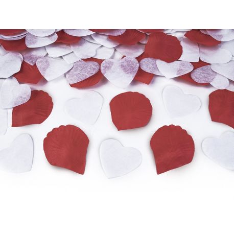 Vystreľovacie konfety (granát) srdcia a lupene - bela a červená farba